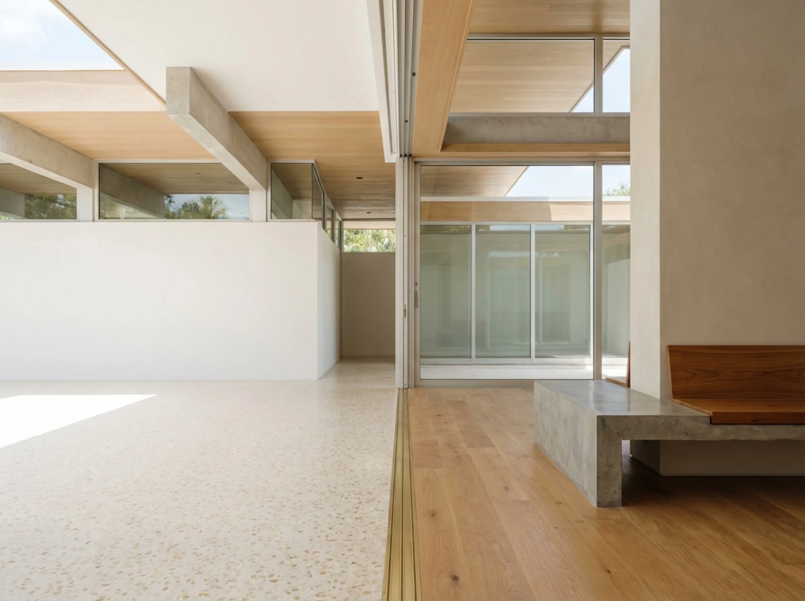 Terrazzo-to-oak threshold in a Sarasota mid-century modern home with glass walls and clerestory windows