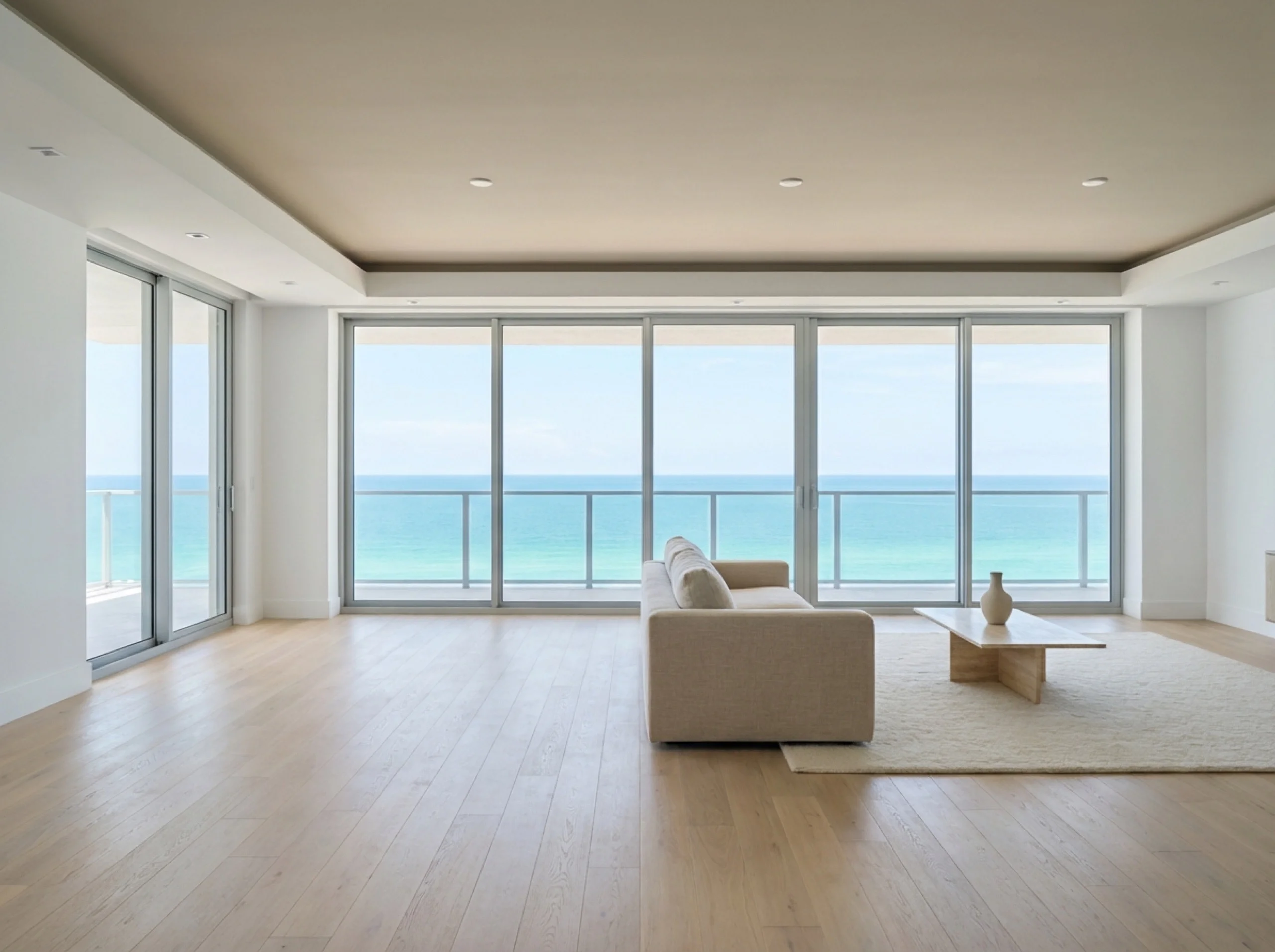 Pale engineered oak living room in a Longboat Key coastal condo with floor-to-ceiling sliders facing the Gulf