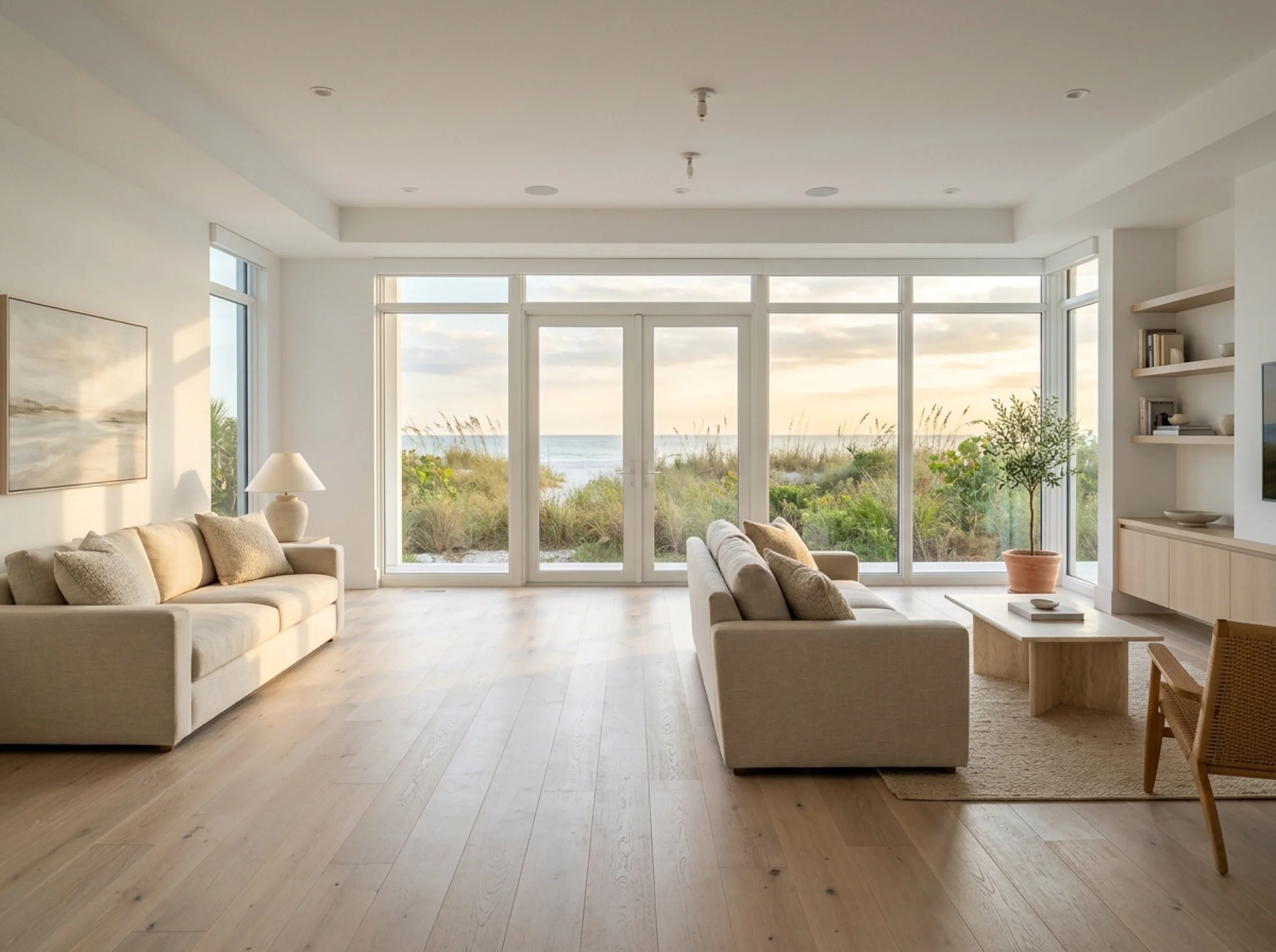 Bleached wide-plank oak in a Siesta Key beach-modern open floor plan with hurricane-rated windows