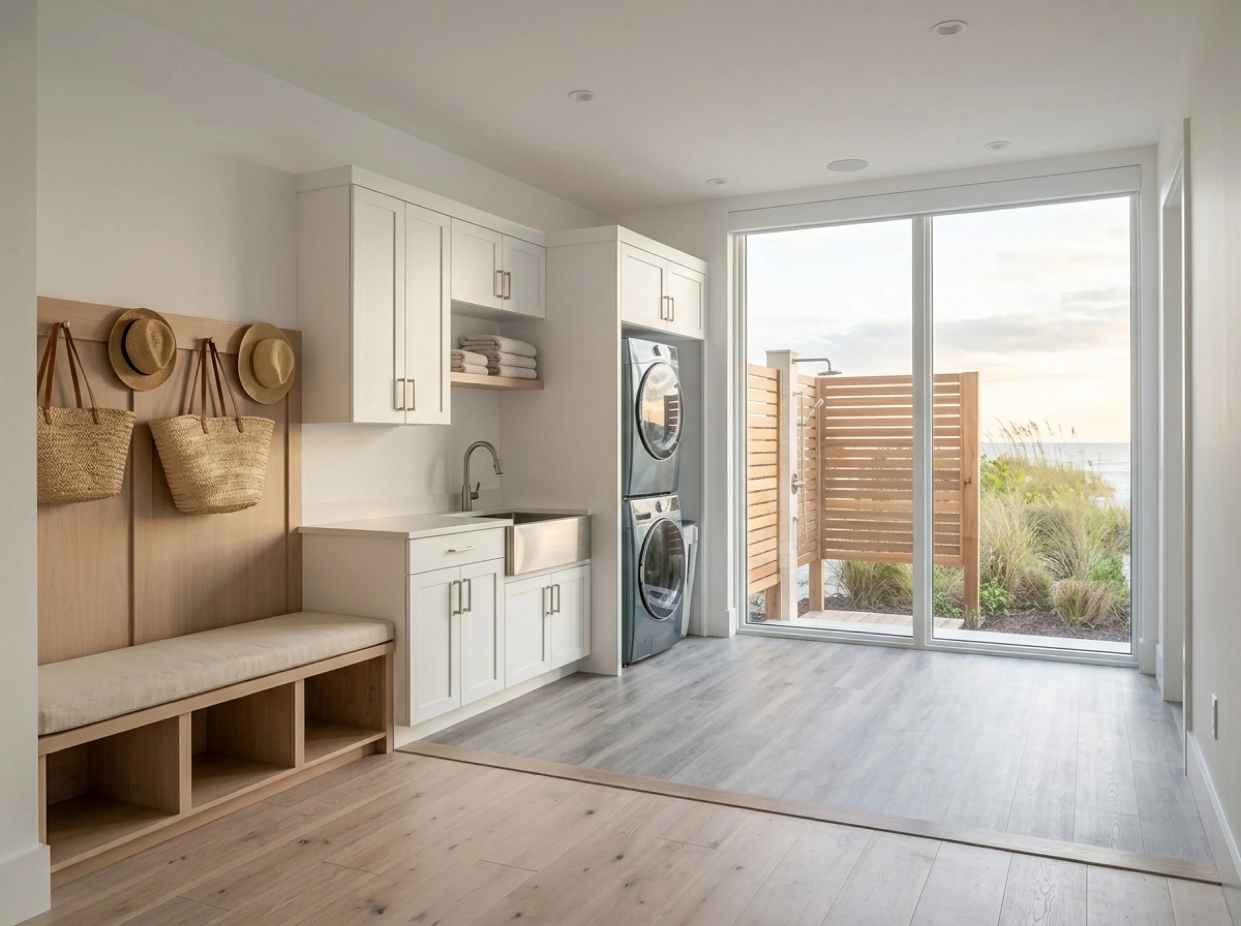 Siesta Key laundry and mudroom with an oak-to-gray-LVP transition and slatted screen to an outdoor shower