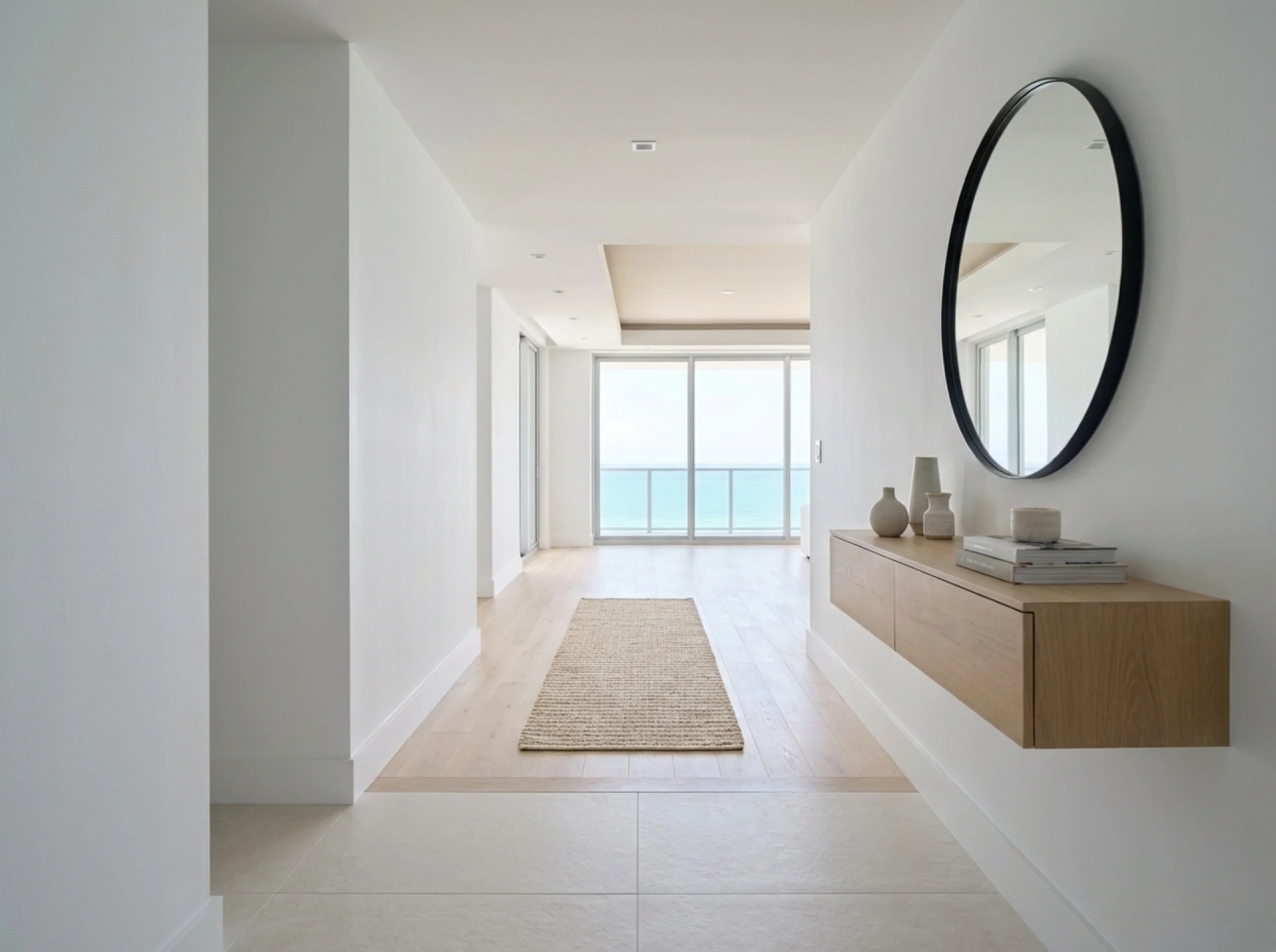 Longboat Key entry hall with a porcelain-to-oak transition and jute runner