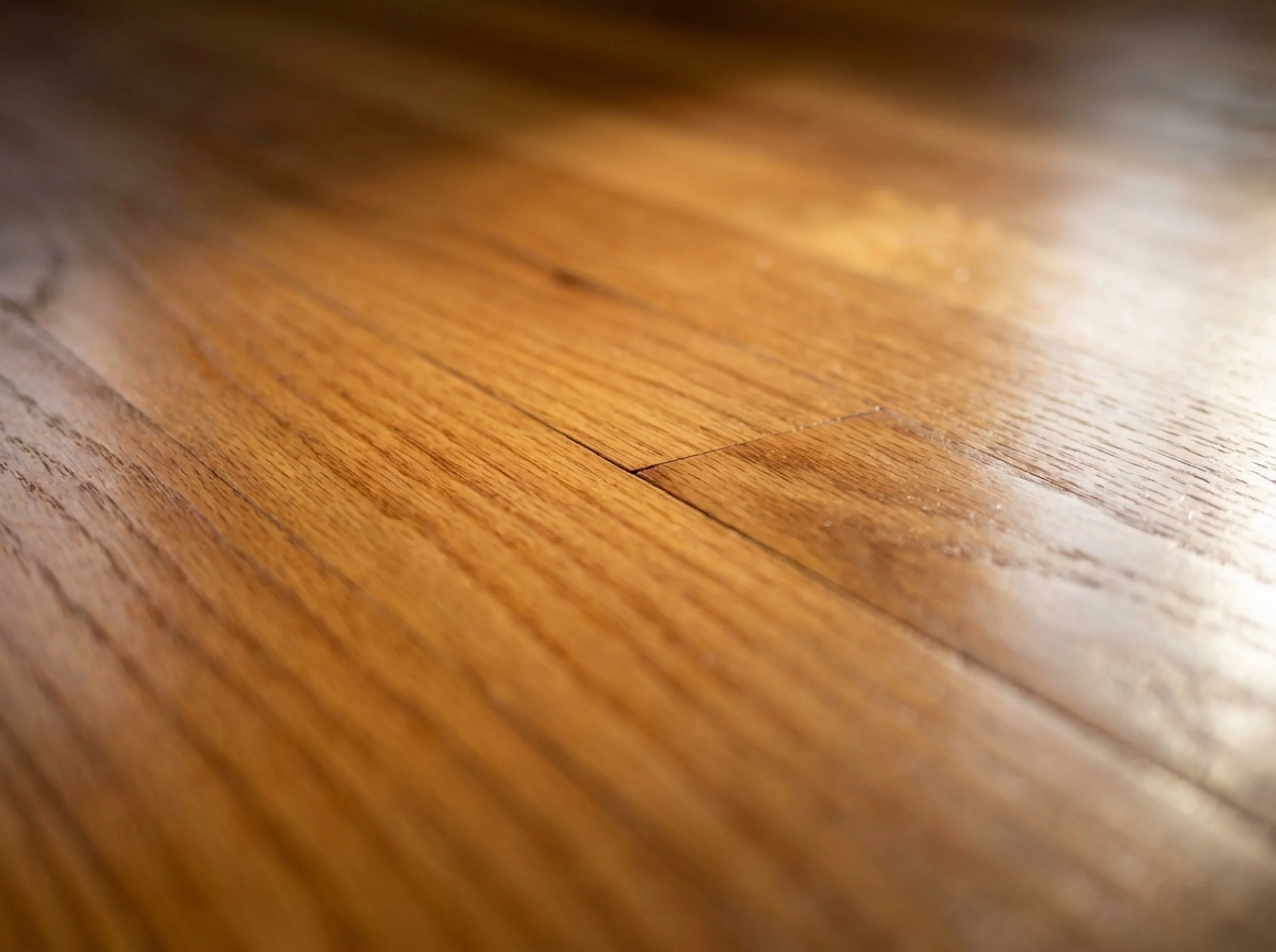 Close-up of a sand-and-finish repair blending a replaced plank into the existing hardwood field