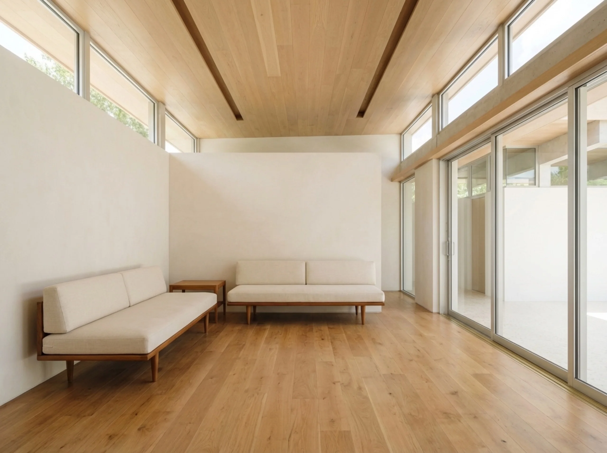 Clerestory-lit Sarasota living room with a wood-slat ceiling and warm oak flooring