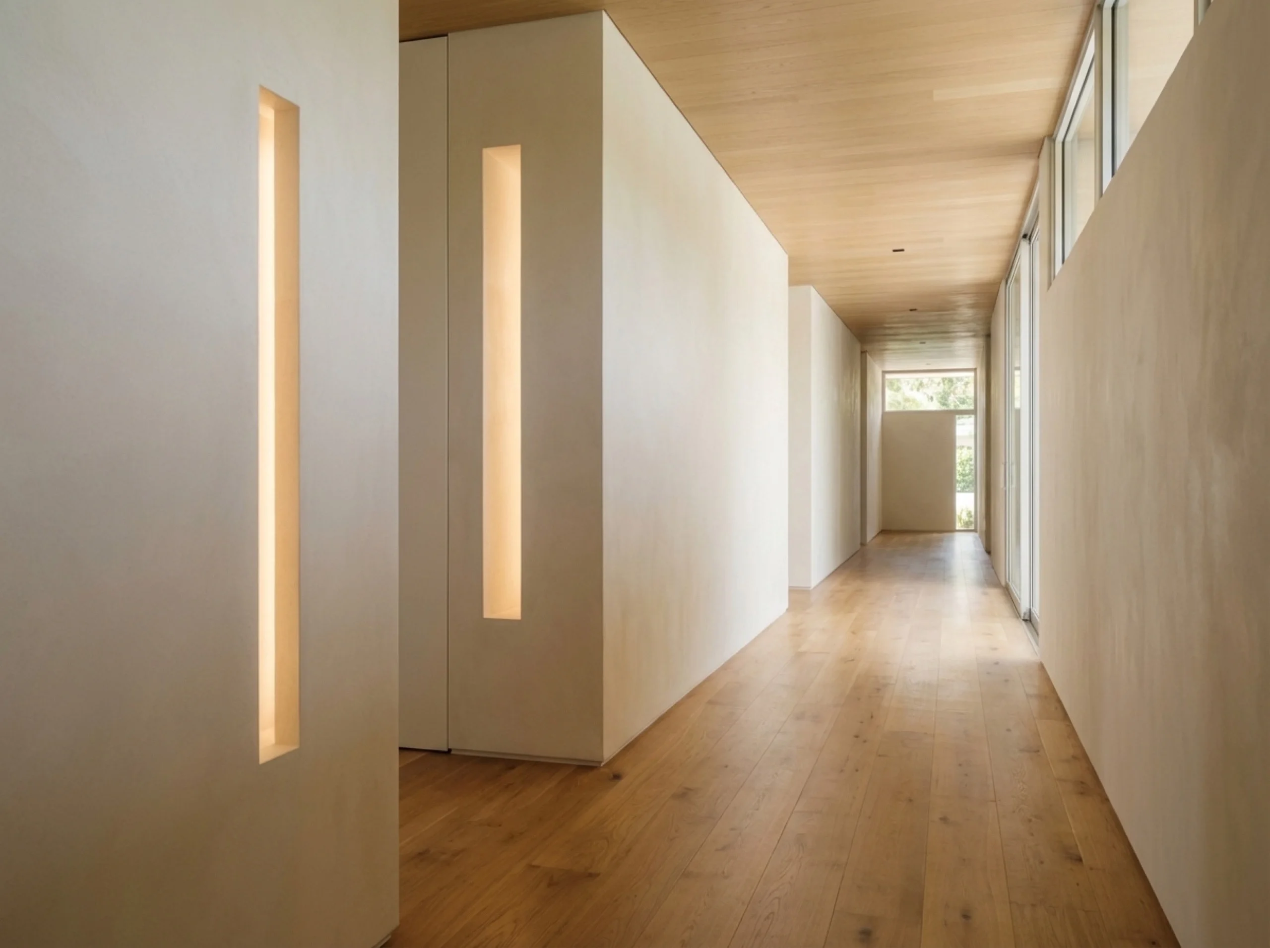 Sarasota hallway with a slit-wall light reveal and warm walnut plank flooring