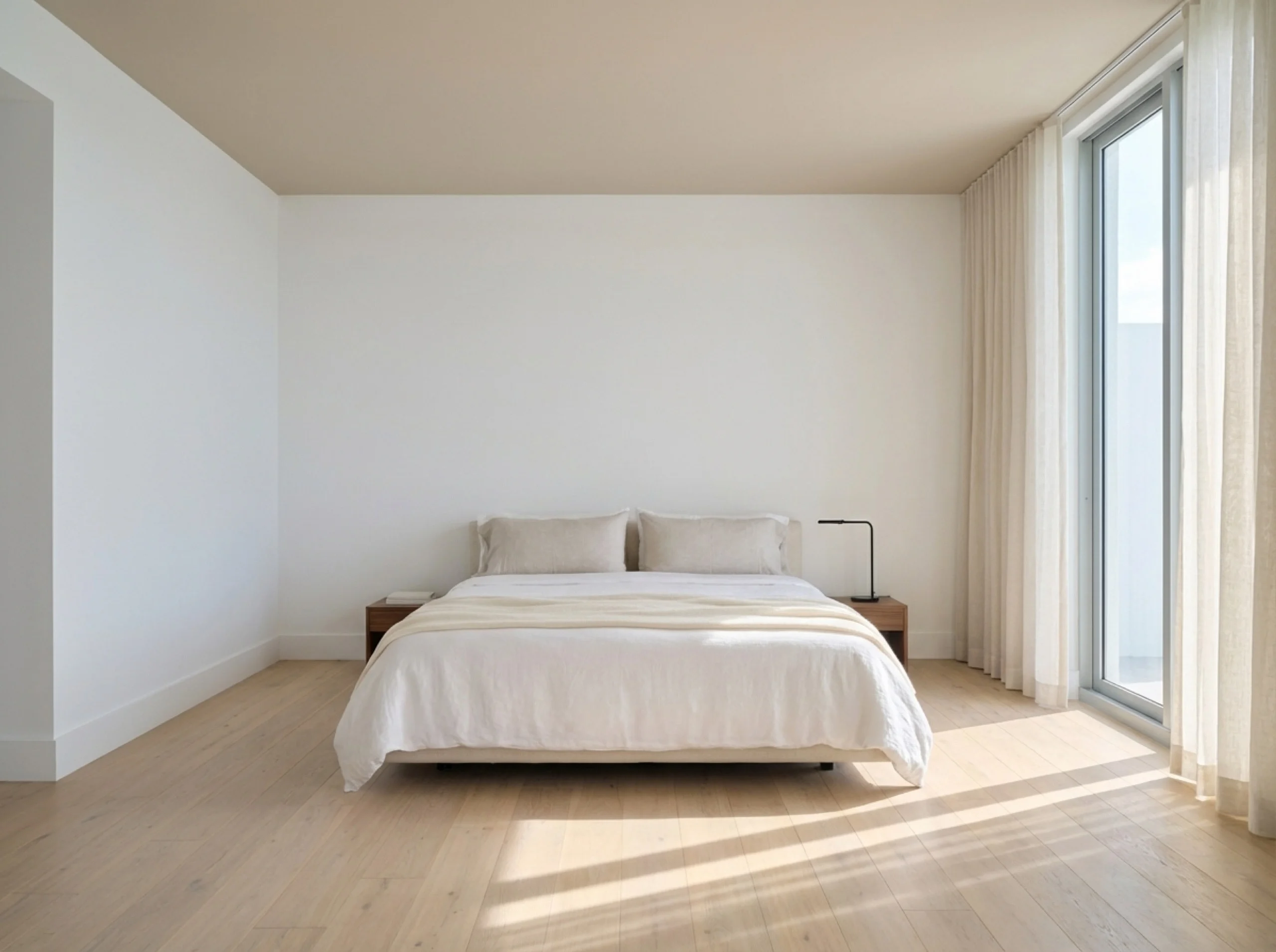 Longboat Key condo bedroom with pale oak engineered flooring and sheer curtains