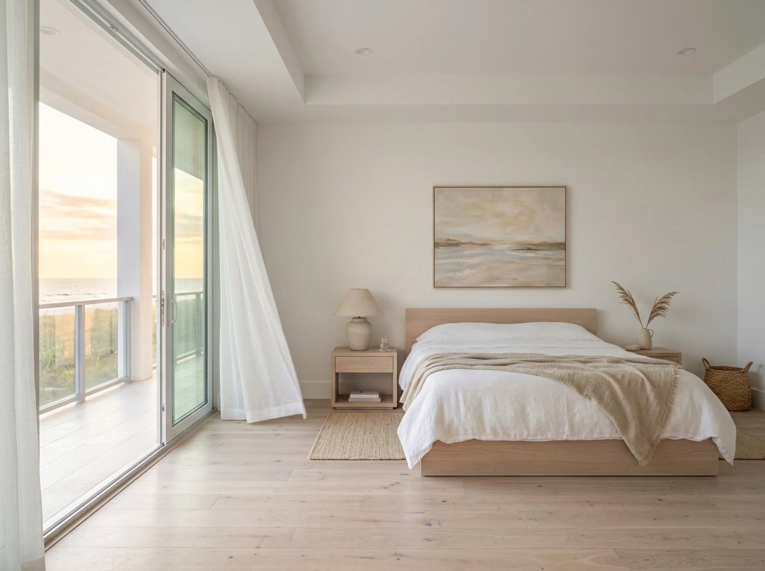 Siesta Key primary bedroom with bleached oak flooring and a balcony slider framing the water