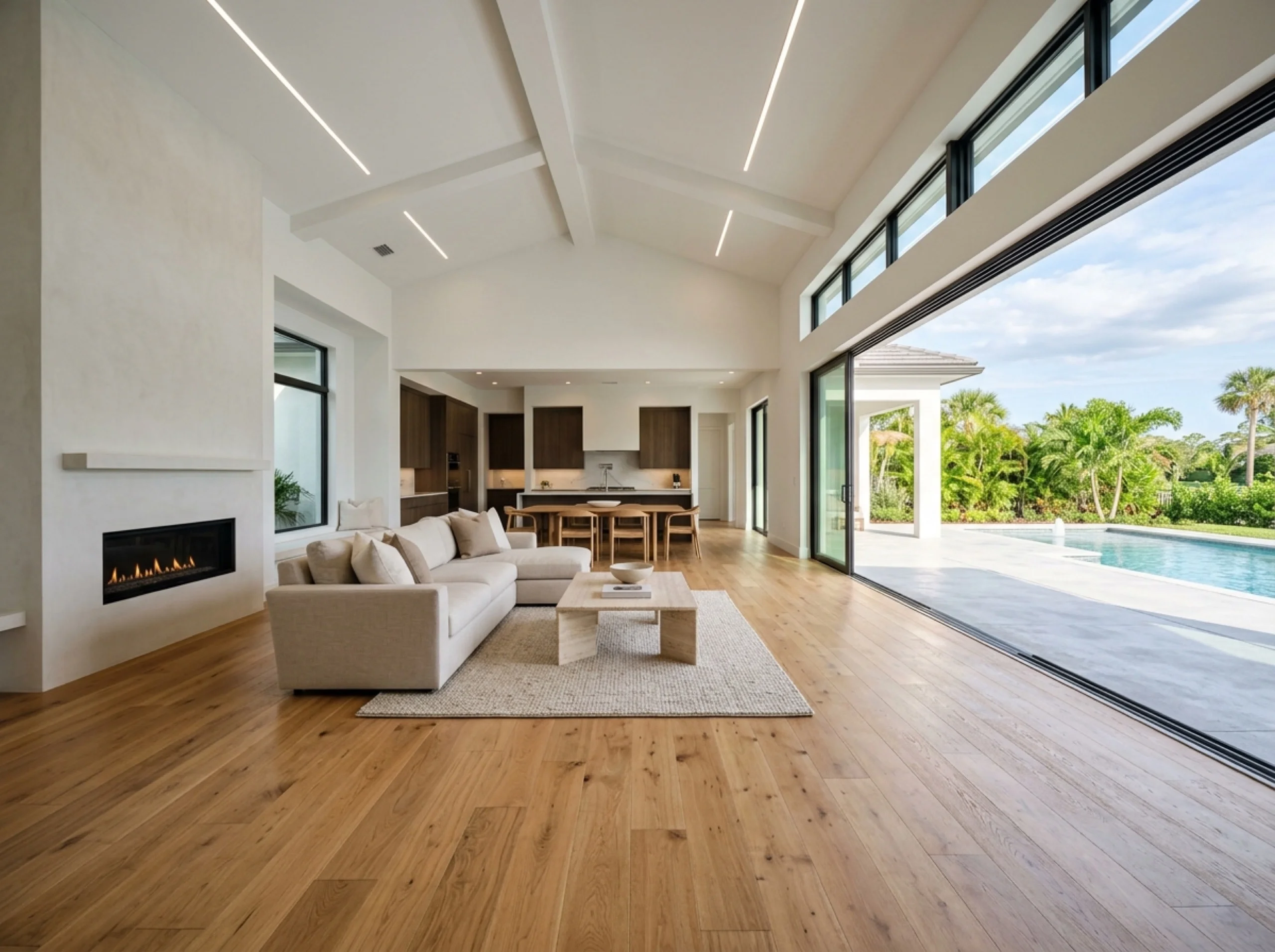 Wide white oak hardwood great room in a Lakewood Ranch new-build with sliding doors to a pool
